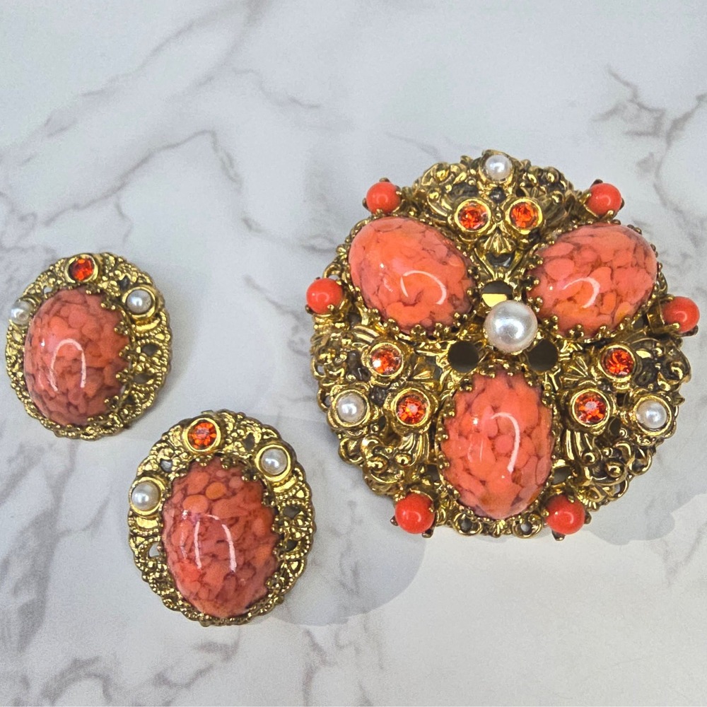 Vintage W Germany Filigree Brooch Clip Earrings Set Coral Faux Pearl Orange MCM